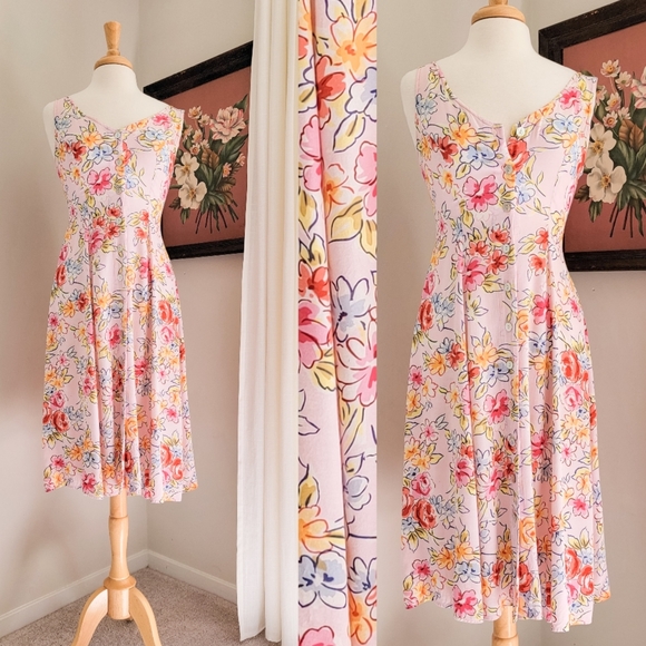 Vintage Dresses & Skirts - 90s Pink Floral Button Front 1990s Vintage Fit & Flare Flowy Midi Length Dress